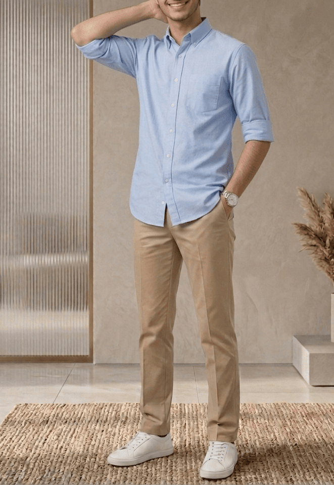 Light Blue Shirt, Beige Chinos, White Sneakers
